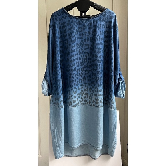 Kaktus Shirt Midi Dress Loose Fit Blue Animal Print Roll Tab Sleeves, Size L - Picture 1 of 8